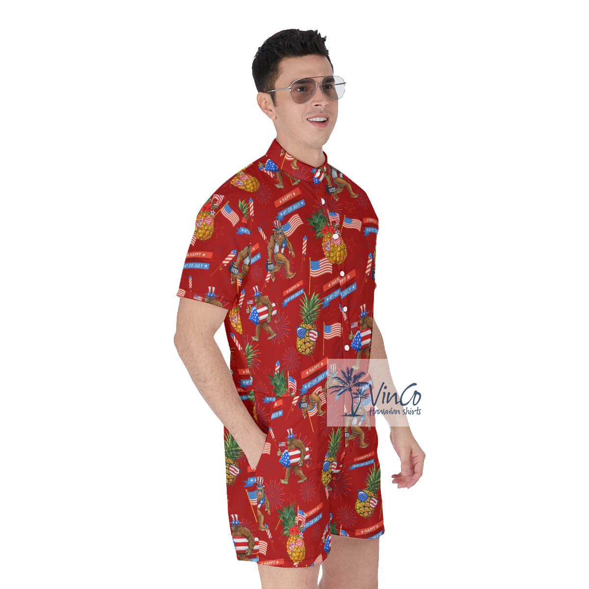 Funny Patriotic Pineapple Bigfoot Men's Hawaiian Romper
