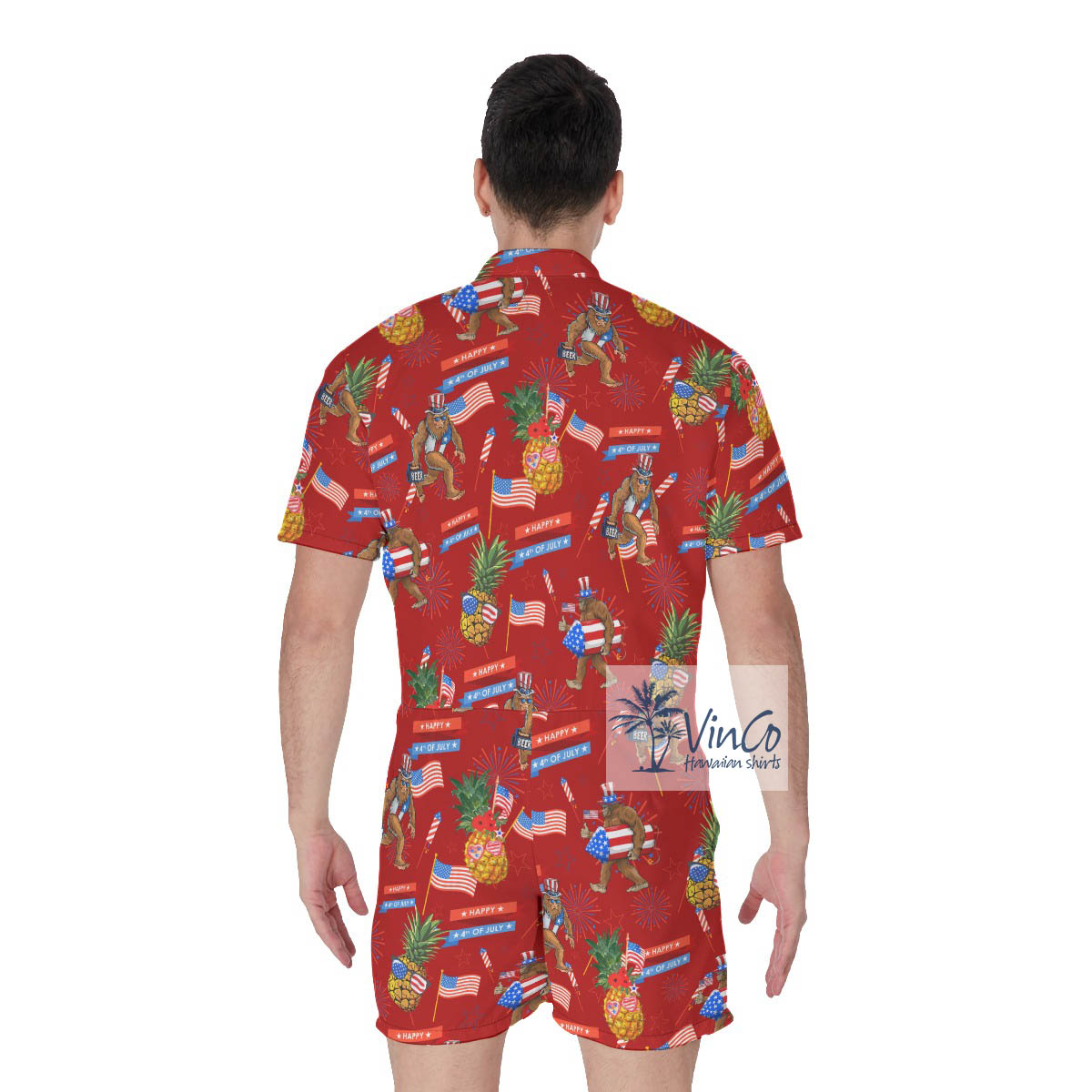 Funny Patriotic Pineapple Bigfoot Men's Hawaiian Romper