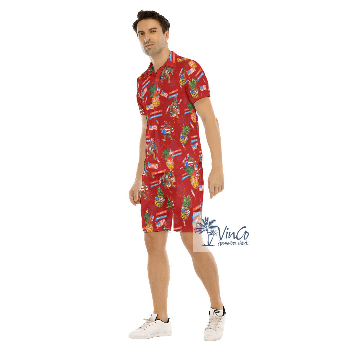 Set Patriotic Bigfoot Pineapple Hawaiian Shirt And Matching Shorts For Men