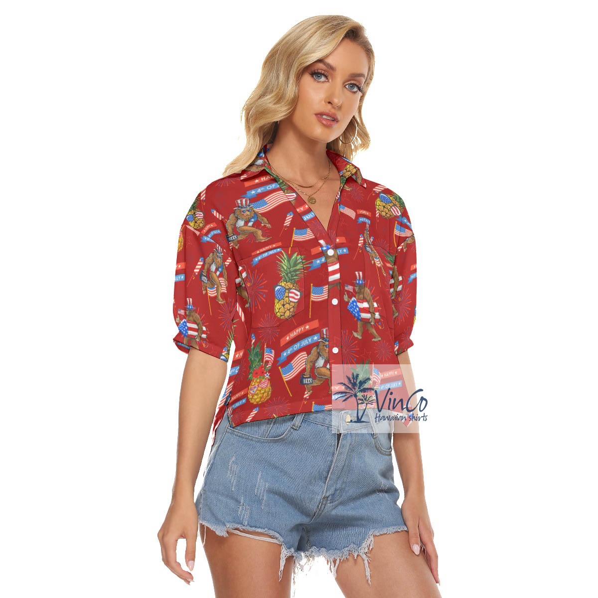 Funny Pineapple With American Flag Bigfoot Hawaiian Crop Top Shirt