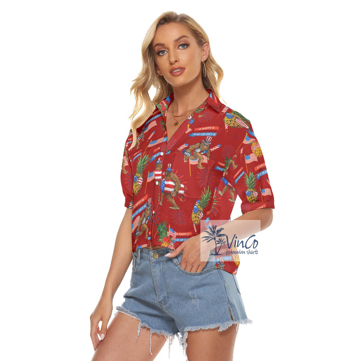 Funny Pineapple With American Flag Bigfoot Hawaiian Crop Top Shirt
