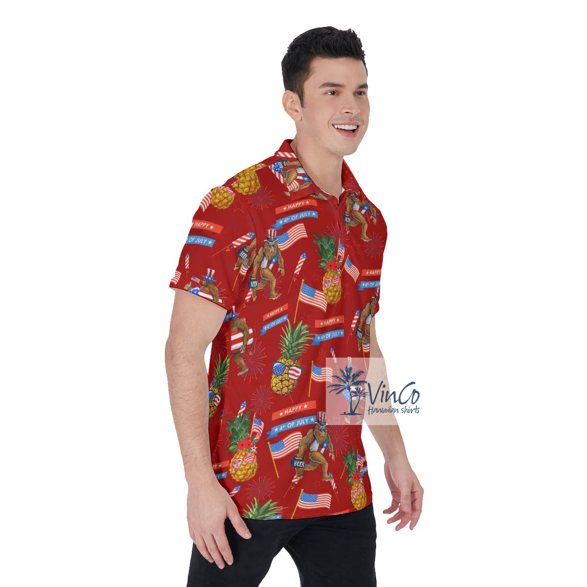 Funny Pineapple Sasquatch Patriotic Hawaiian Polo Shirt
