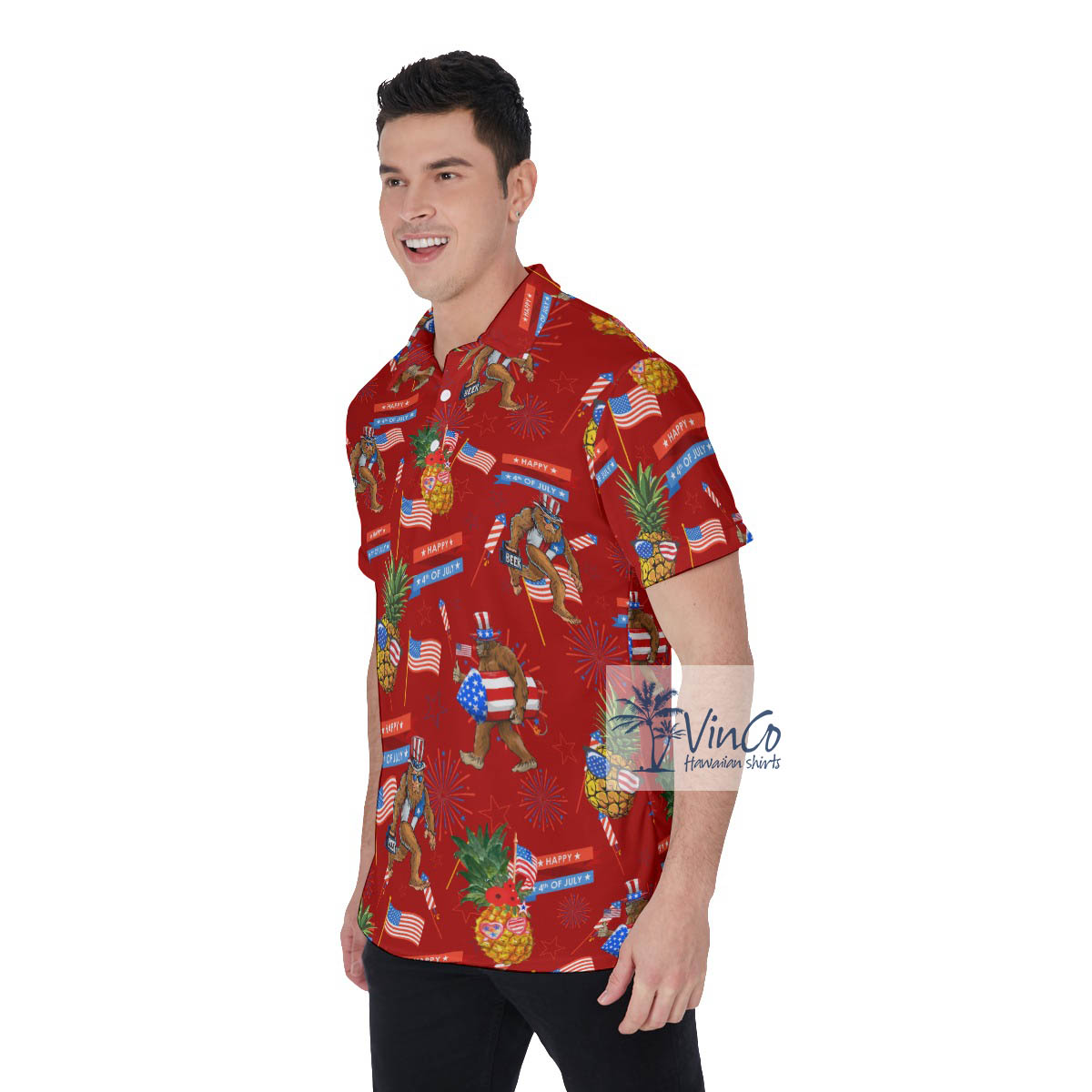 Funny Pineapple Sasquatch Patriotic Hawaiian Polo Shirt