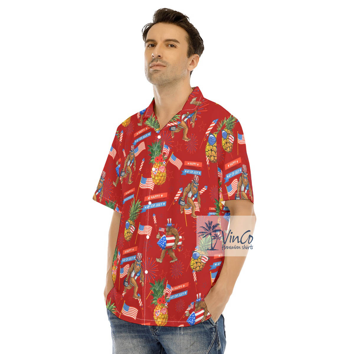 Funny Bigfoot Pineapple 4th Of July Red Hawaiian Shirt