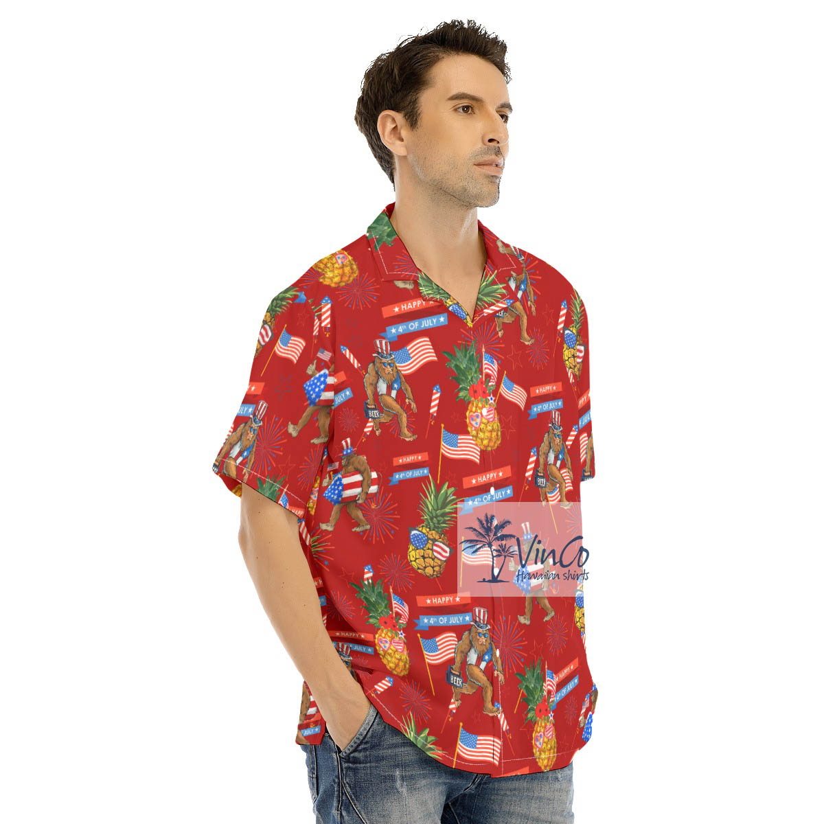 Funny Bigfoot Pineapple 4th Of July Red Hawaiian Shirt