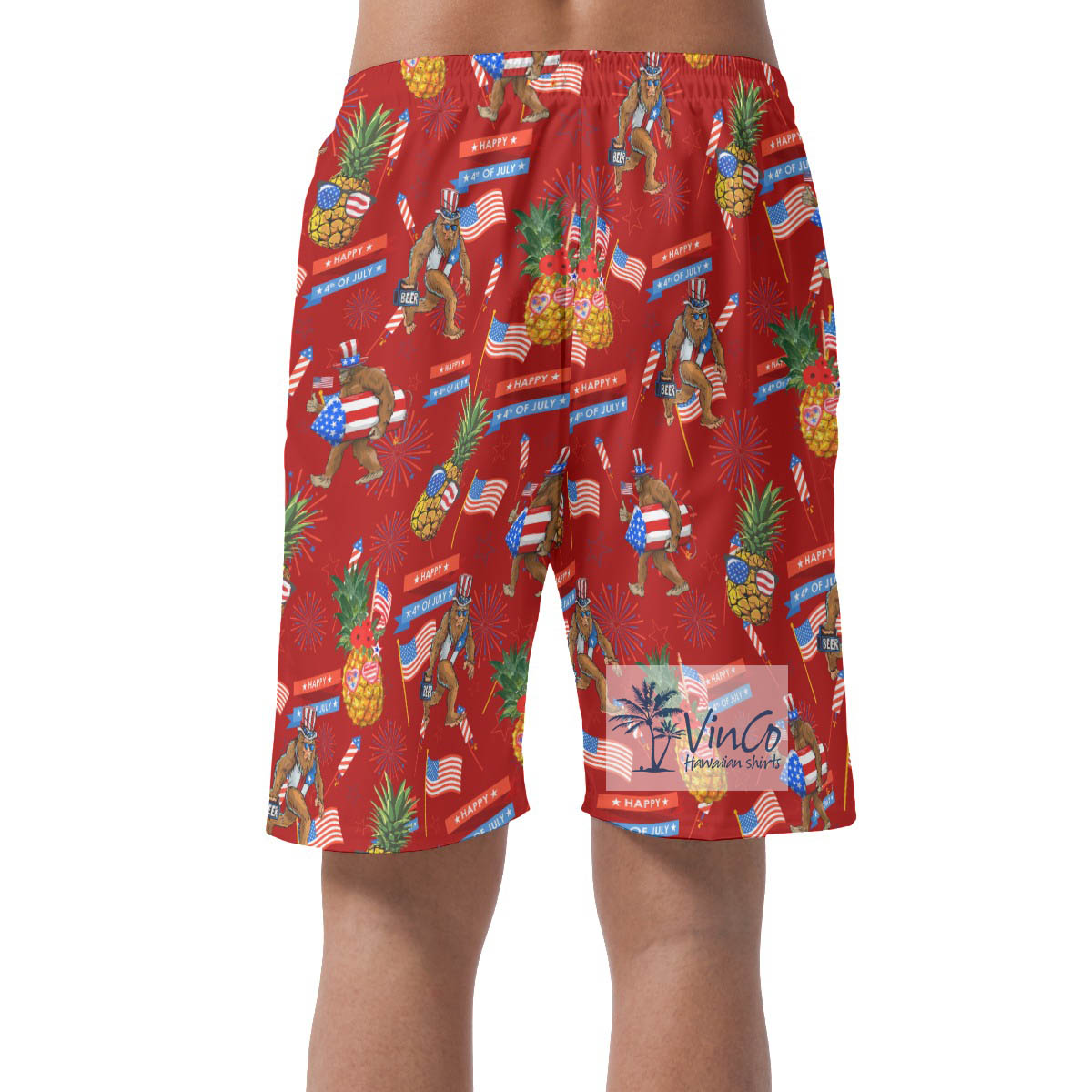 4th Of July Pinepple Sasquatch Funny Hawaiian Beach Shorts For Men