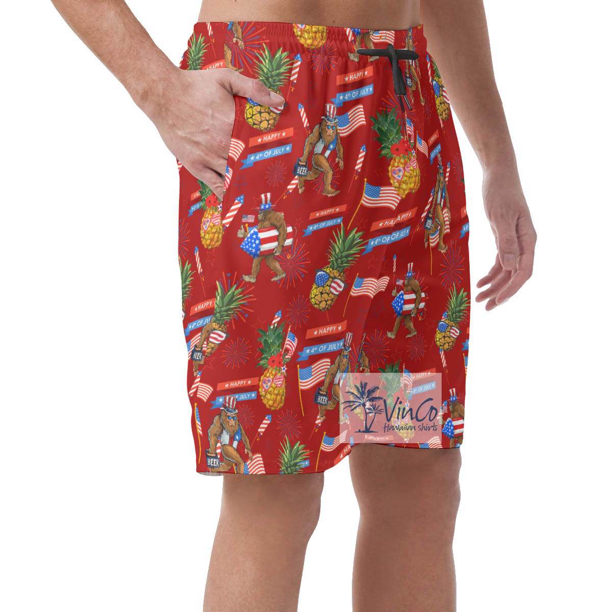 4th Of July Pinepple Sasquatch Funny Hawaiian Beach Shorts For Men