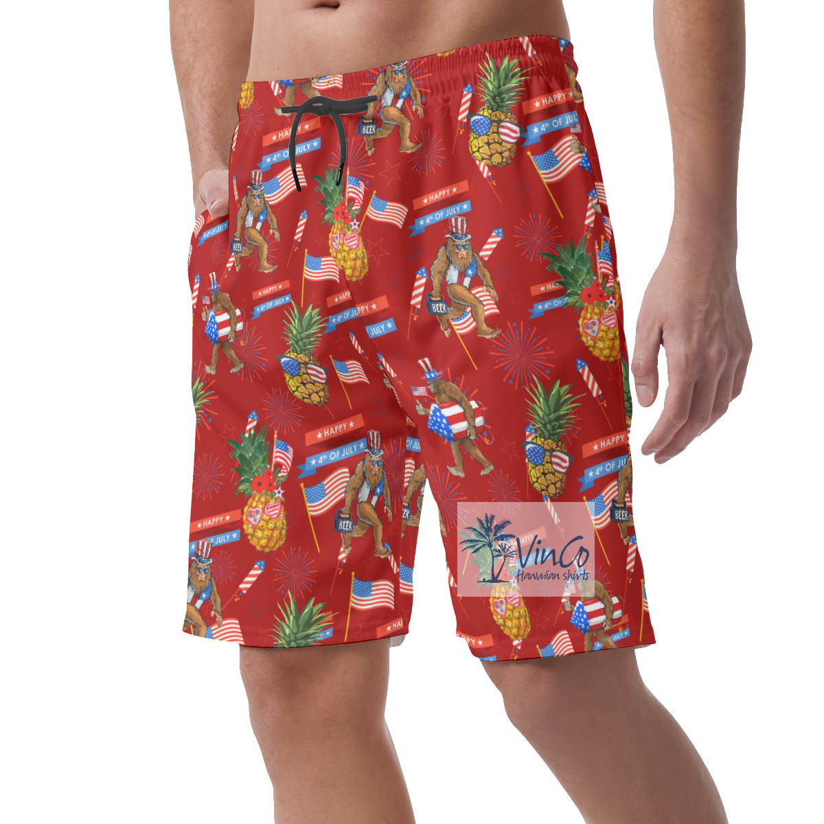 4th Of July Pinepple Sasquatch Funny Hawaiian Beach Shorts For Men