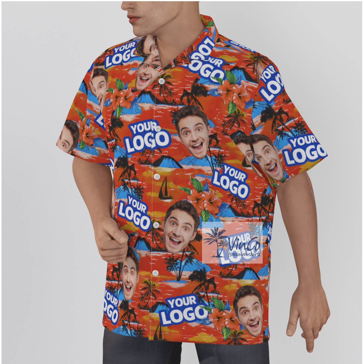 Custom Face And Logo Tropical Orange Hawaiian Shirt