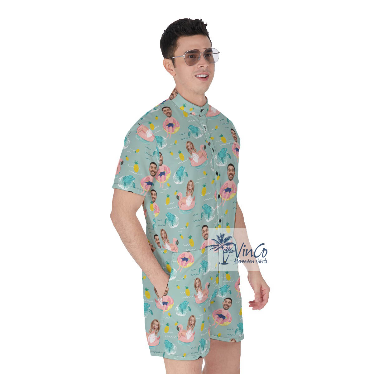 Funny Custom 2 Faces Couple Swimming Romper For Men