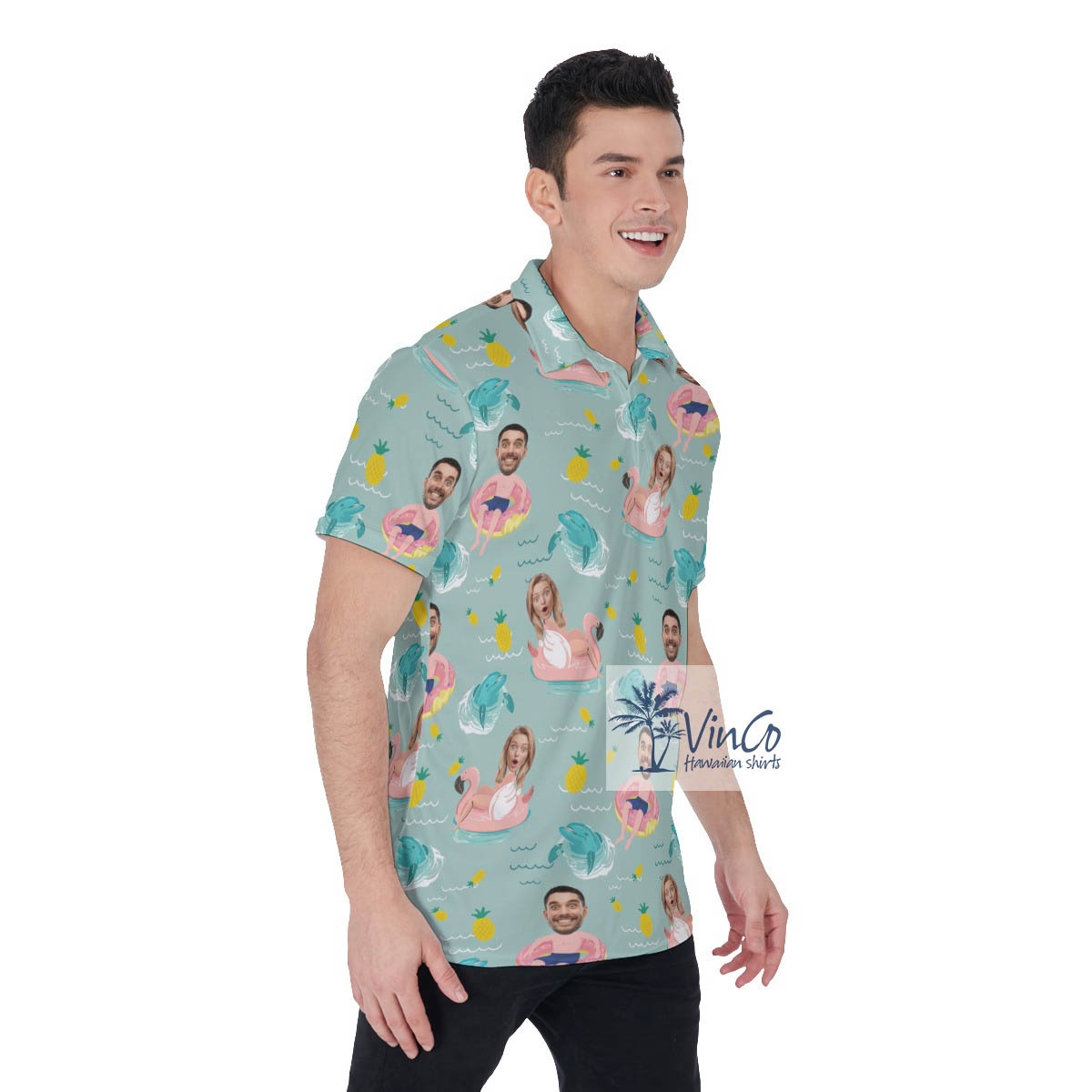 Custom Couple Faces In Swimming Pool Hawaiian Polo Shirt