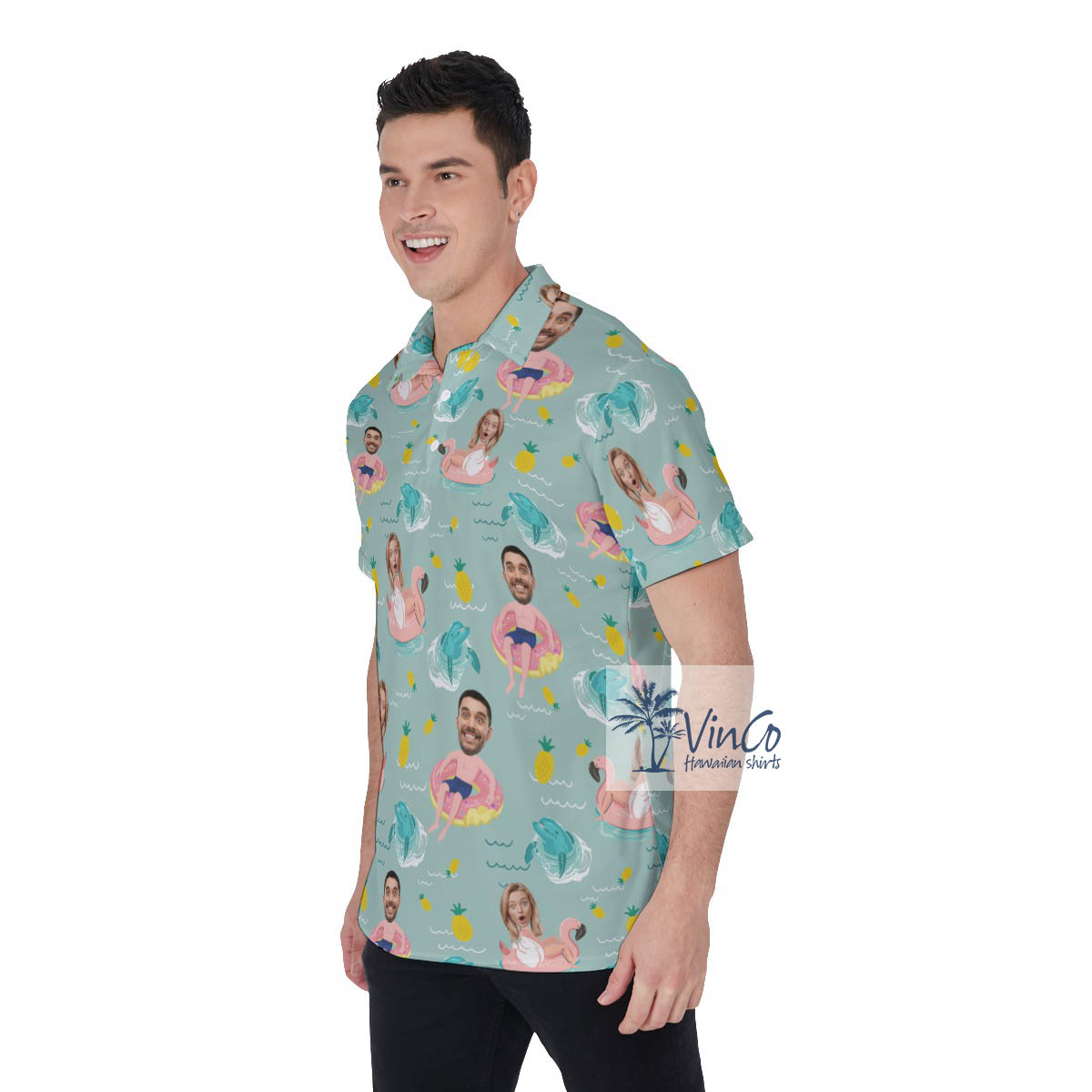 Custom Couple Faces In Swimming Pool Hawaiian Polo Shirt