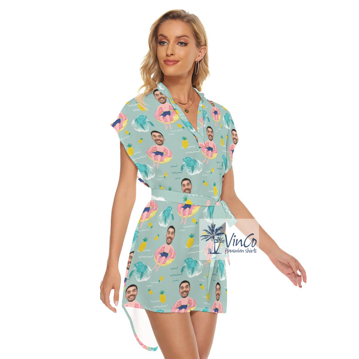 Personalized Photo Face Swimming Flamingo Float Women's Dress