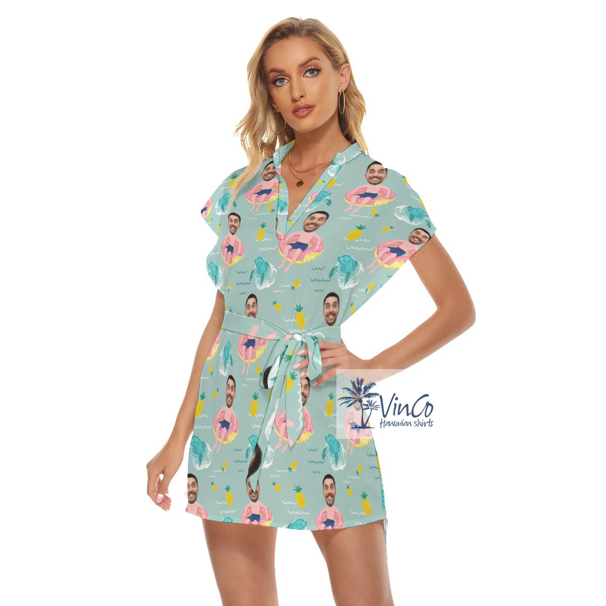 Personalized Photo Face Swimming Flamingo Float Women's Dress