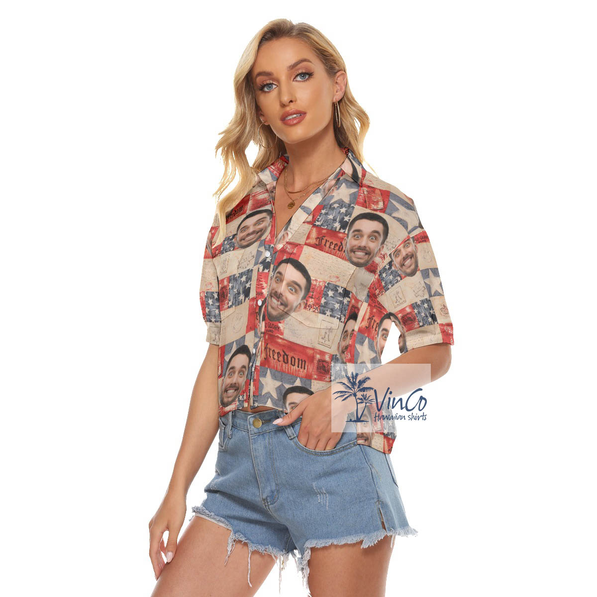 Custom Face 4th Of July Hawaiian Cropped Shirt For Women