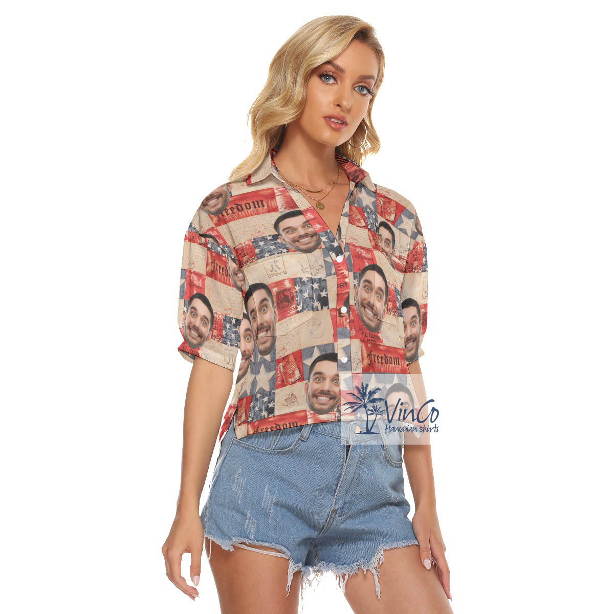 Custom Face 4th Of July Hawaiian Cropped Shirt For Women