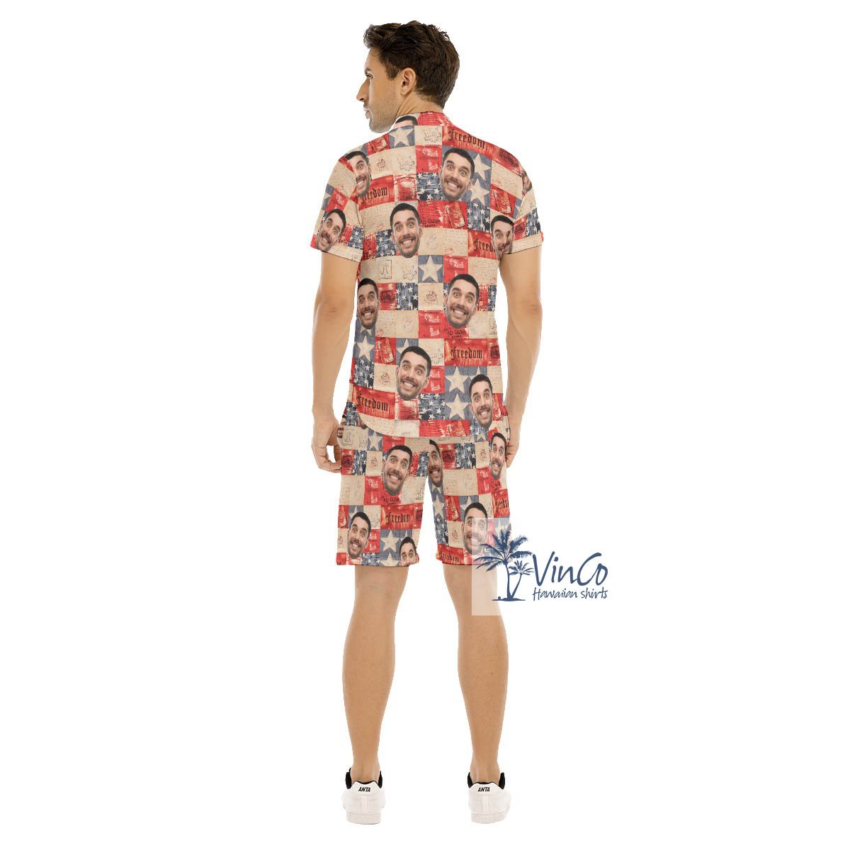 Set Custom Face 4th Of July American Flag Hawaiian Shirt And Shorts For Men