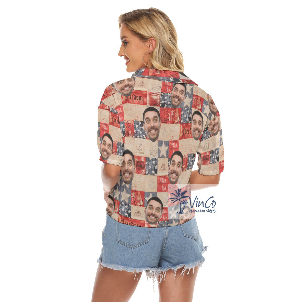 Custom Face 4th Of July Hawaiian Cropped Shirt For Women