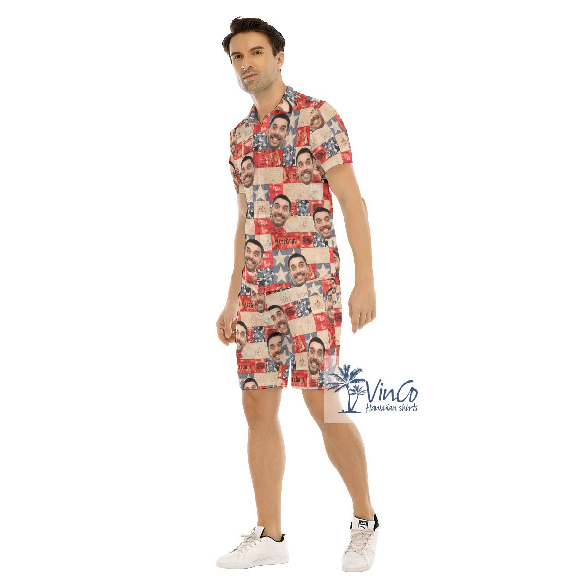 Set Custom Face 4th Of July American Flag Hawaiian Shirt And Shorts For Men