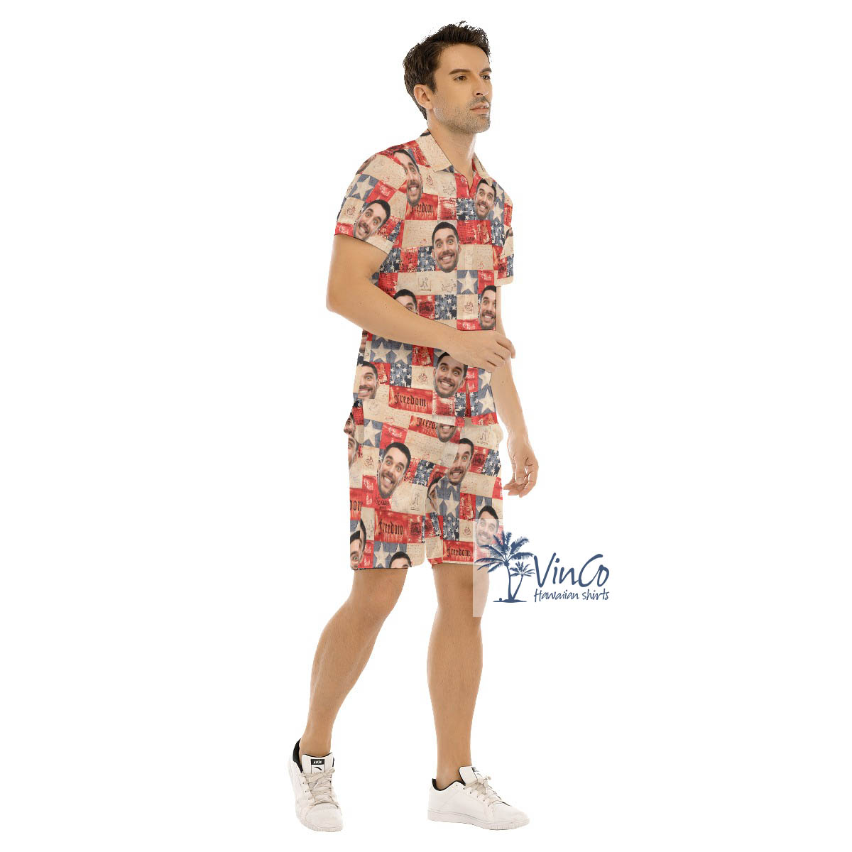 Set Custom Face 4th Of July American Flag Hawaiian Shirt And Shorts For Men