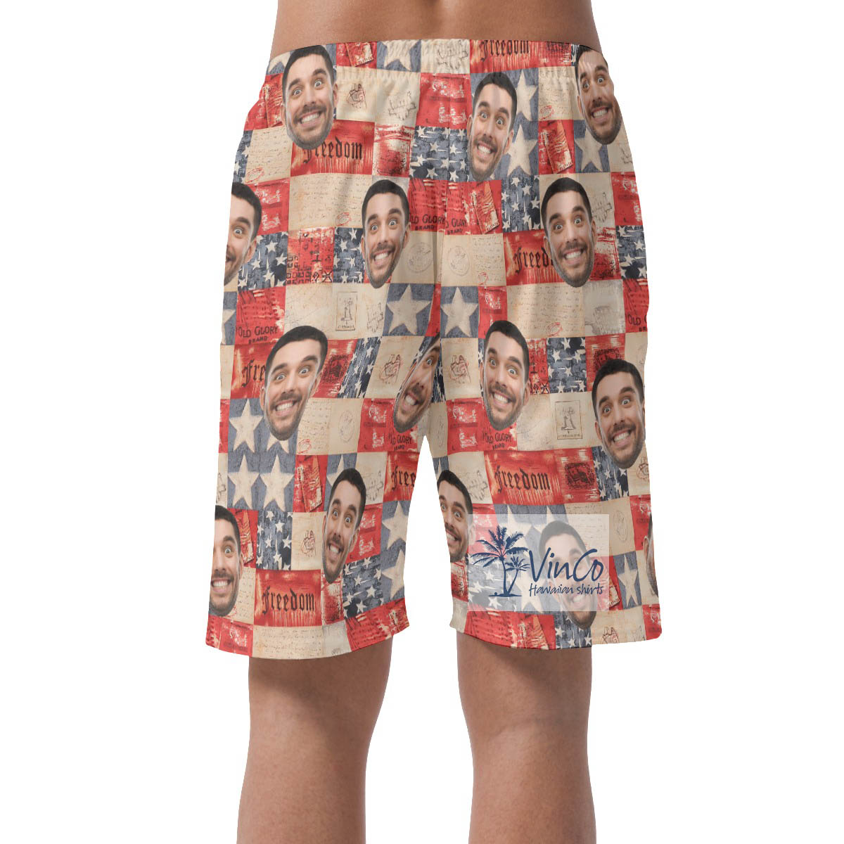 American Flag Patriotic Hawaiian Beach Shorts With Custom Face