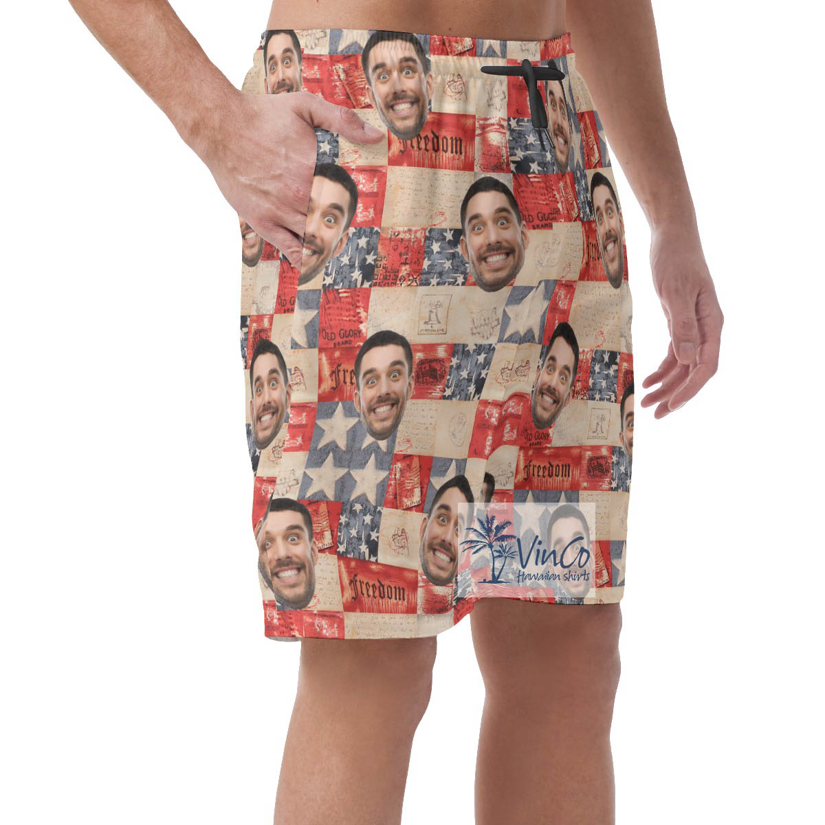 American Flag Patriotic Hawaiian Beach Shorts With Custom Face