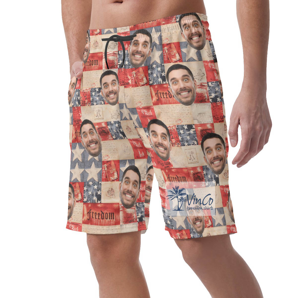 American Flag Patriotic Hawaiian Beach Shorts With Custom Face