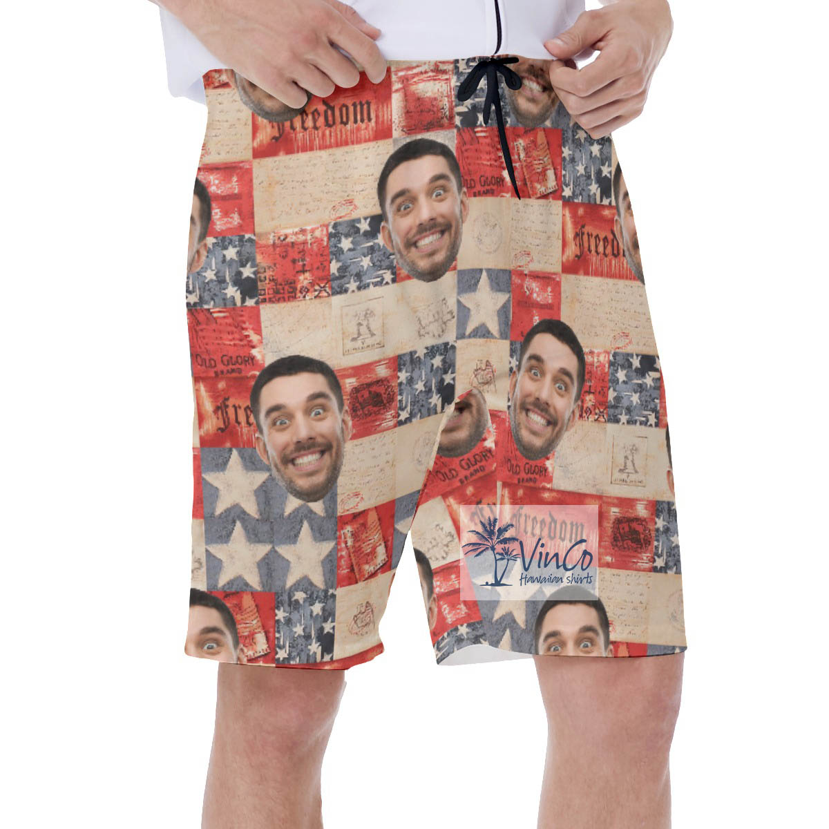 Customized Patriotic Hawaiian Swim Trunks With Face