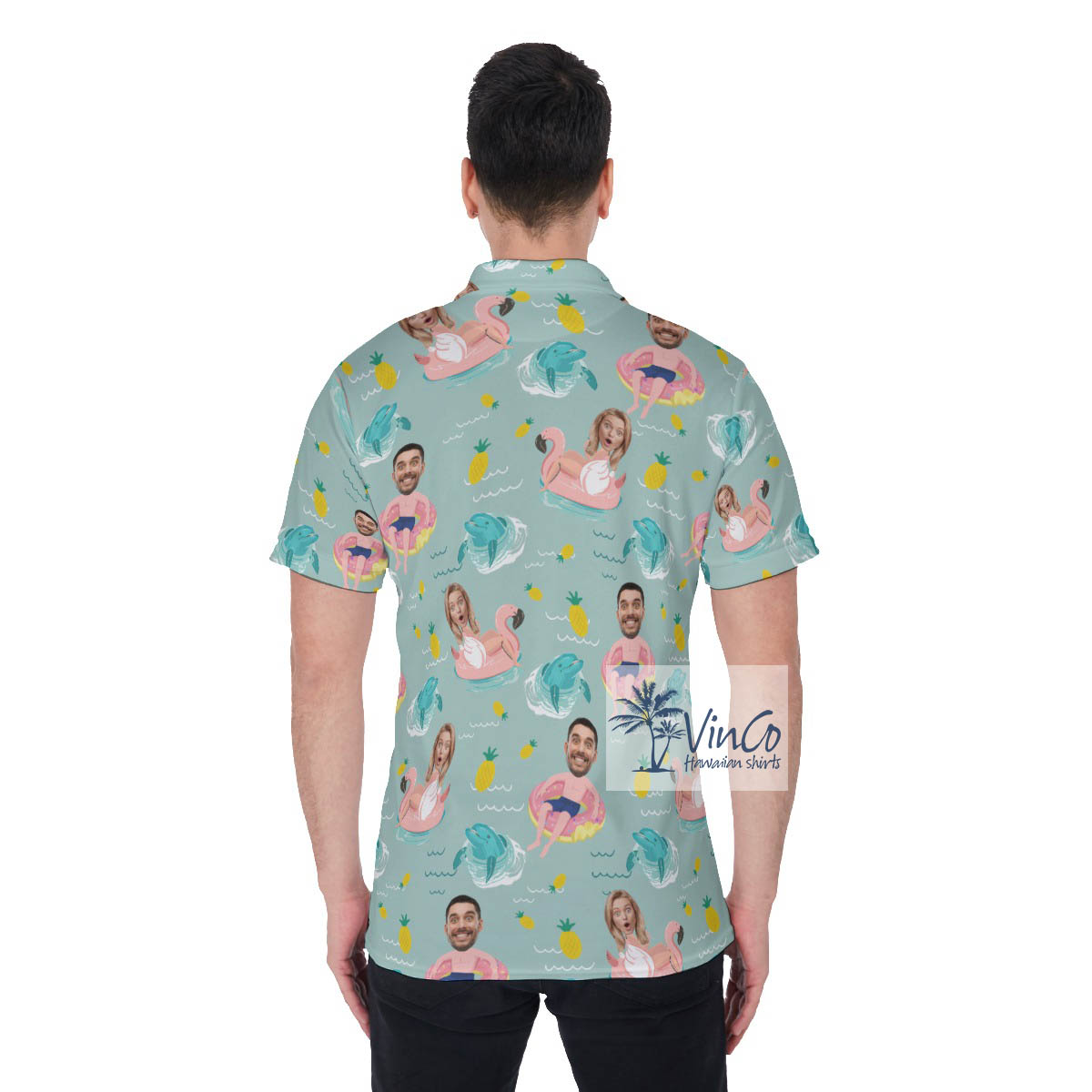 Funny Custom Face Men Swimming Flamingo Float Polo Shirt