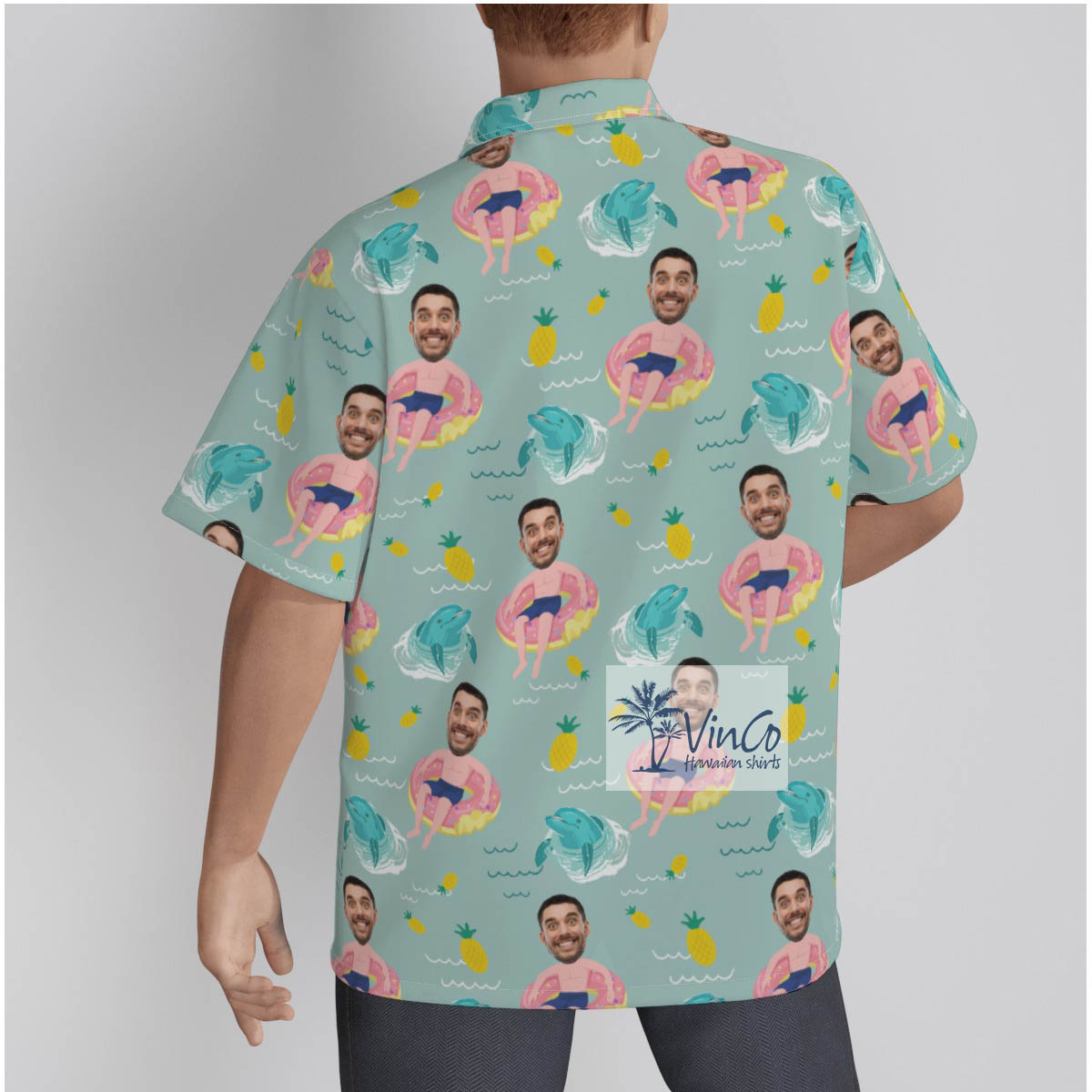 Custom Face Men Pink Flamingo Pool Float Hawaiian Shirt