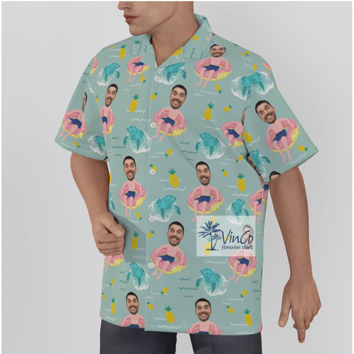 Custom Face Men Pink Flamingo Pool Float Hawaiian Shirt