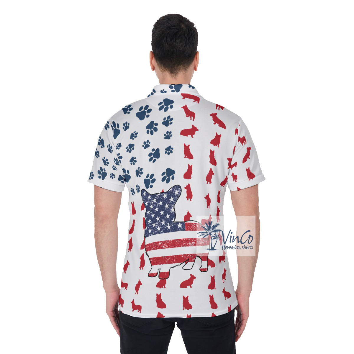 Funny Corgi Patriotic American Flag Hawaiian Polo Shirt