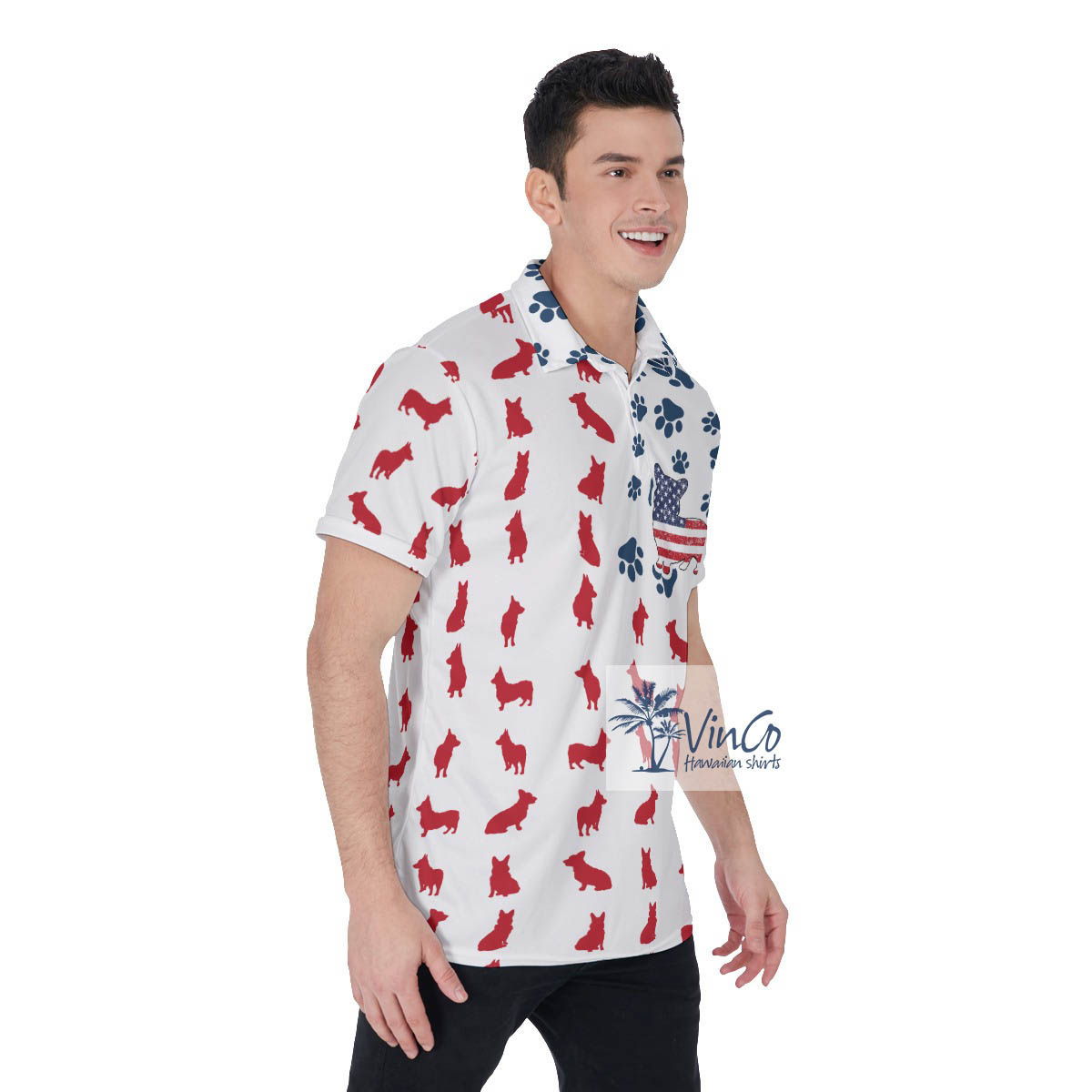 Funny Corgi Patriotic American Flag Hawaiian Polo Shirt