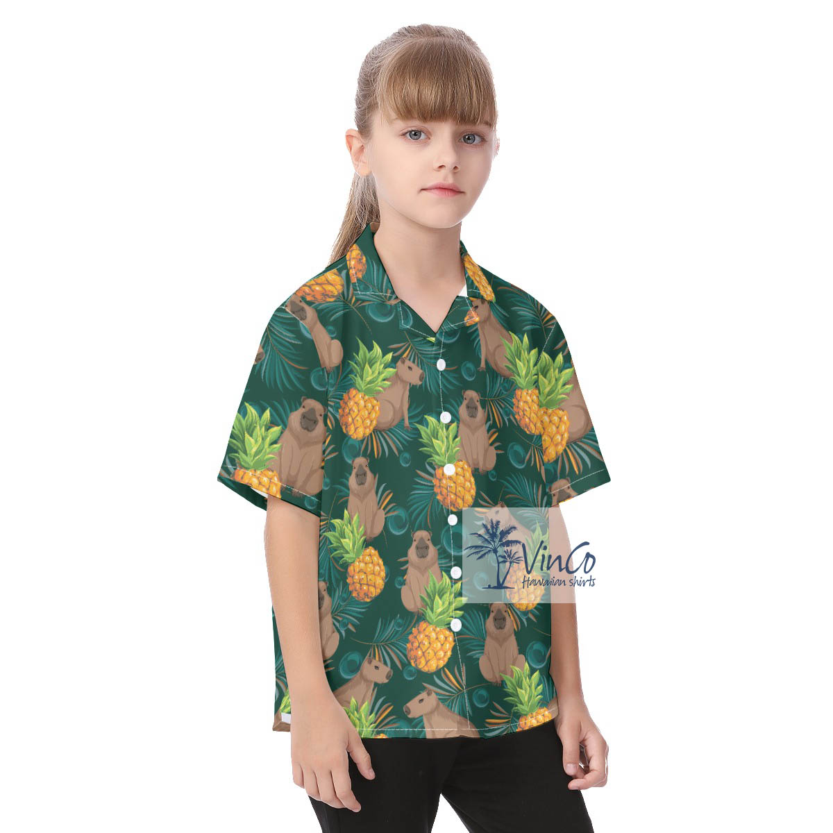 Funny Capybara Tropical Button Up Shirt For Kids