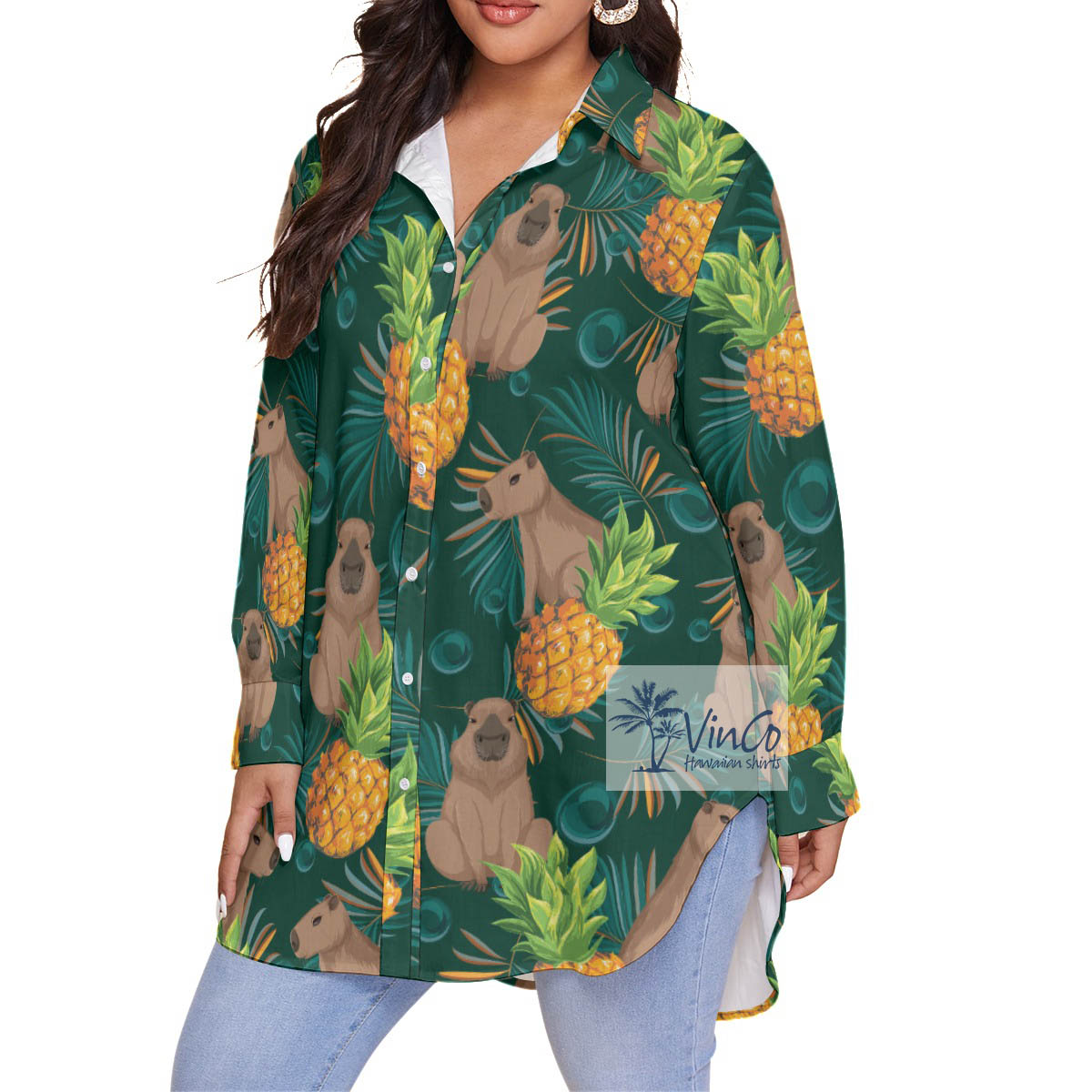 Tropical Capybara Long Sleeve Plus Size Hawaiian Shirt For Women