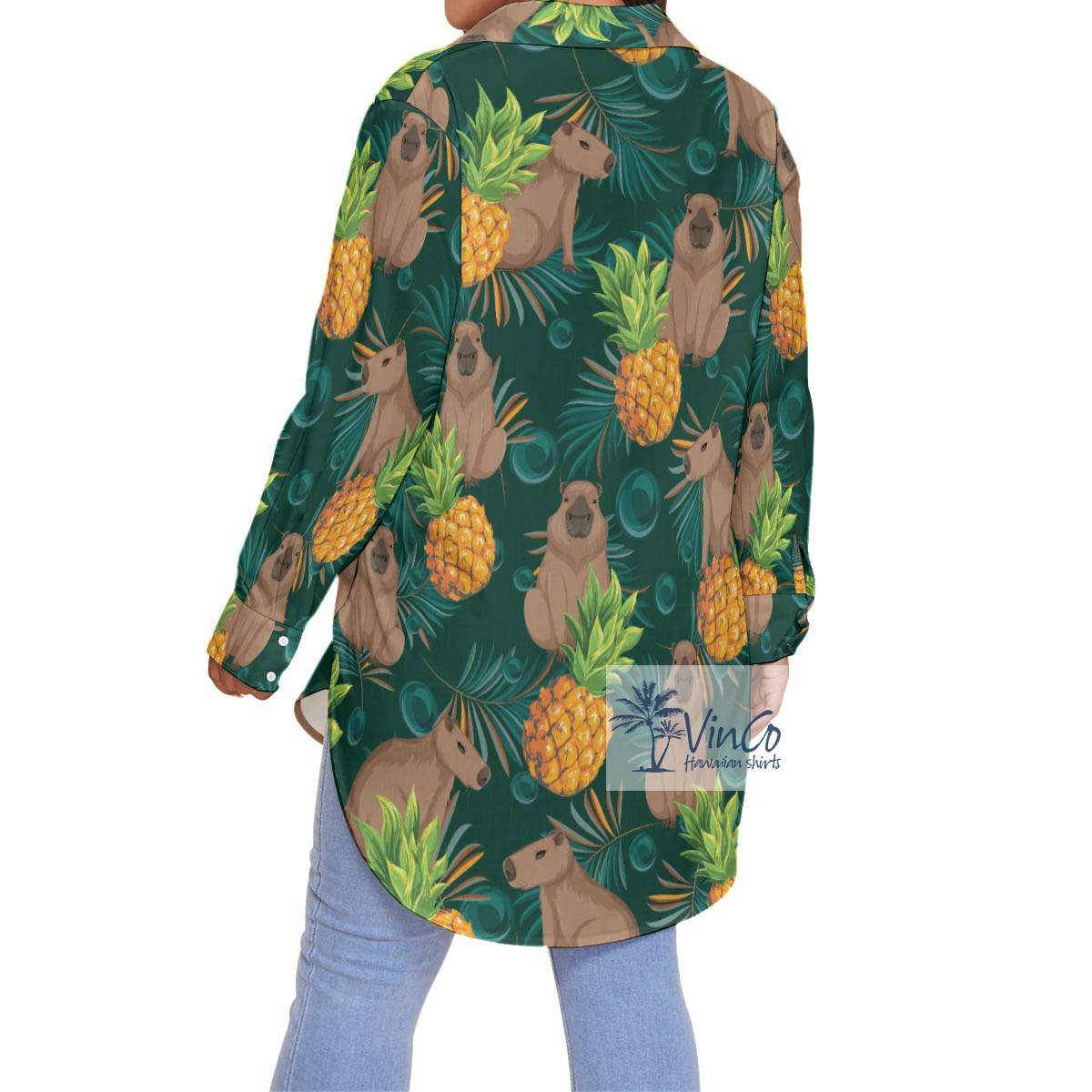 Tropical Capybara Long Sleeve Plus Size Hawaiian Shirt For Women