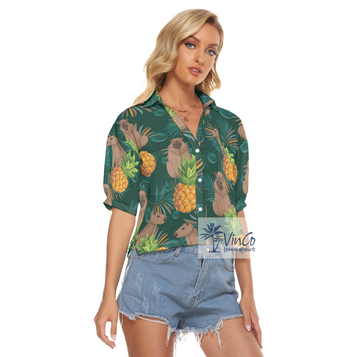 Green Capybara Pattern Hawaiian Cropped Shirt For Women