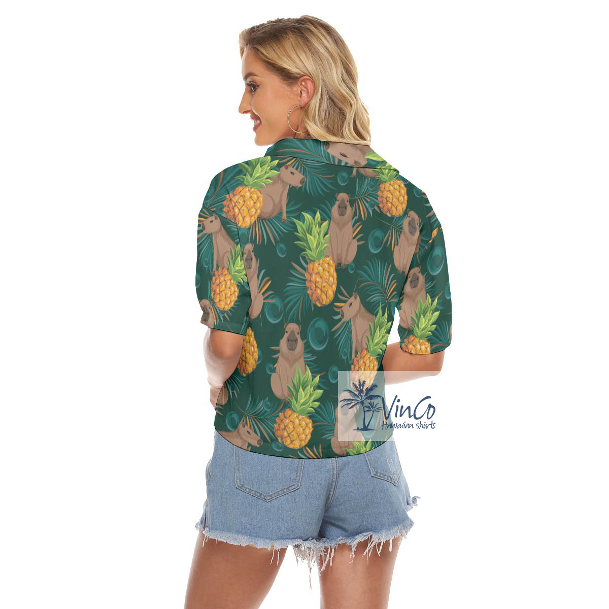 Green Capybara Pattern Hawaiian Cropped Shirt For Women
