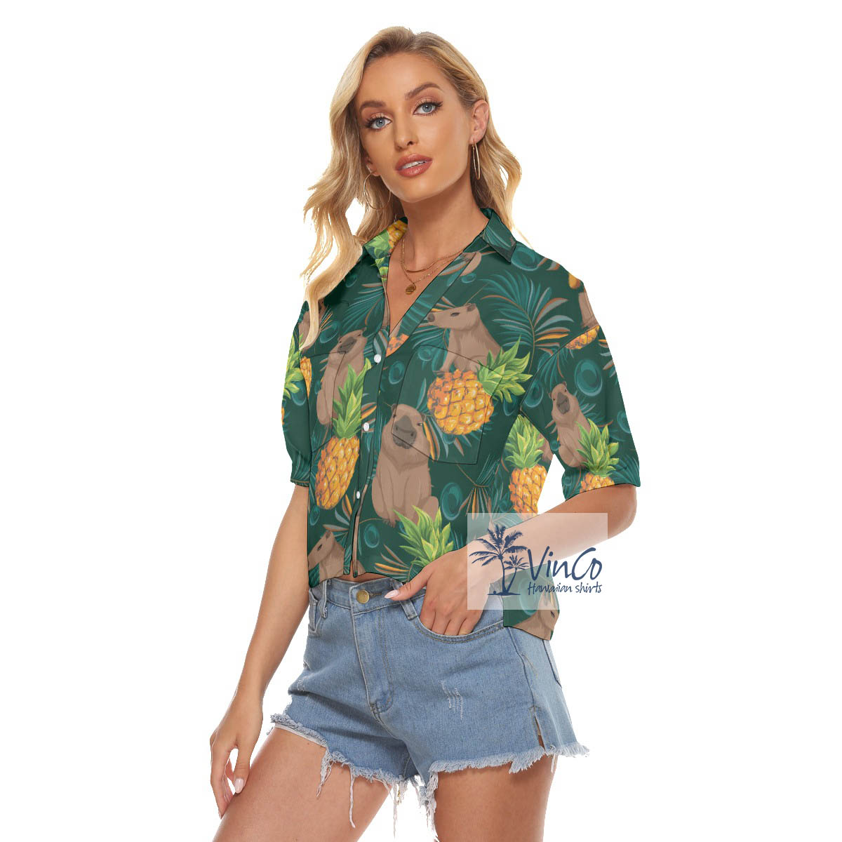 Green Capybara Pattern Hawaiian Cropped Shirt For Women