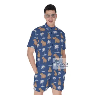 Men's Capybara Print Hawaiian Romper For Summer