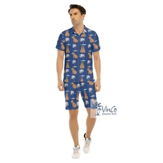 Blue Capybara Print Button Up Shirt And Shorts Set For Men