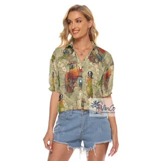 Funny Pirate Parrot Hawaiian Cropped Shirt For Women