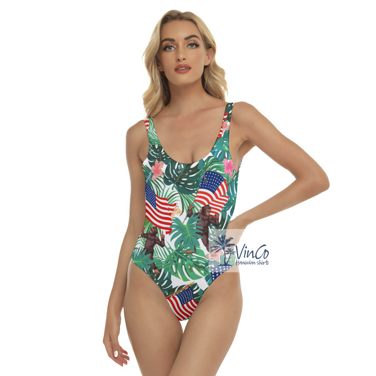 Funny Patriotic Bigfoot Tropical One Piece Swimsuit For Women - variant image 1