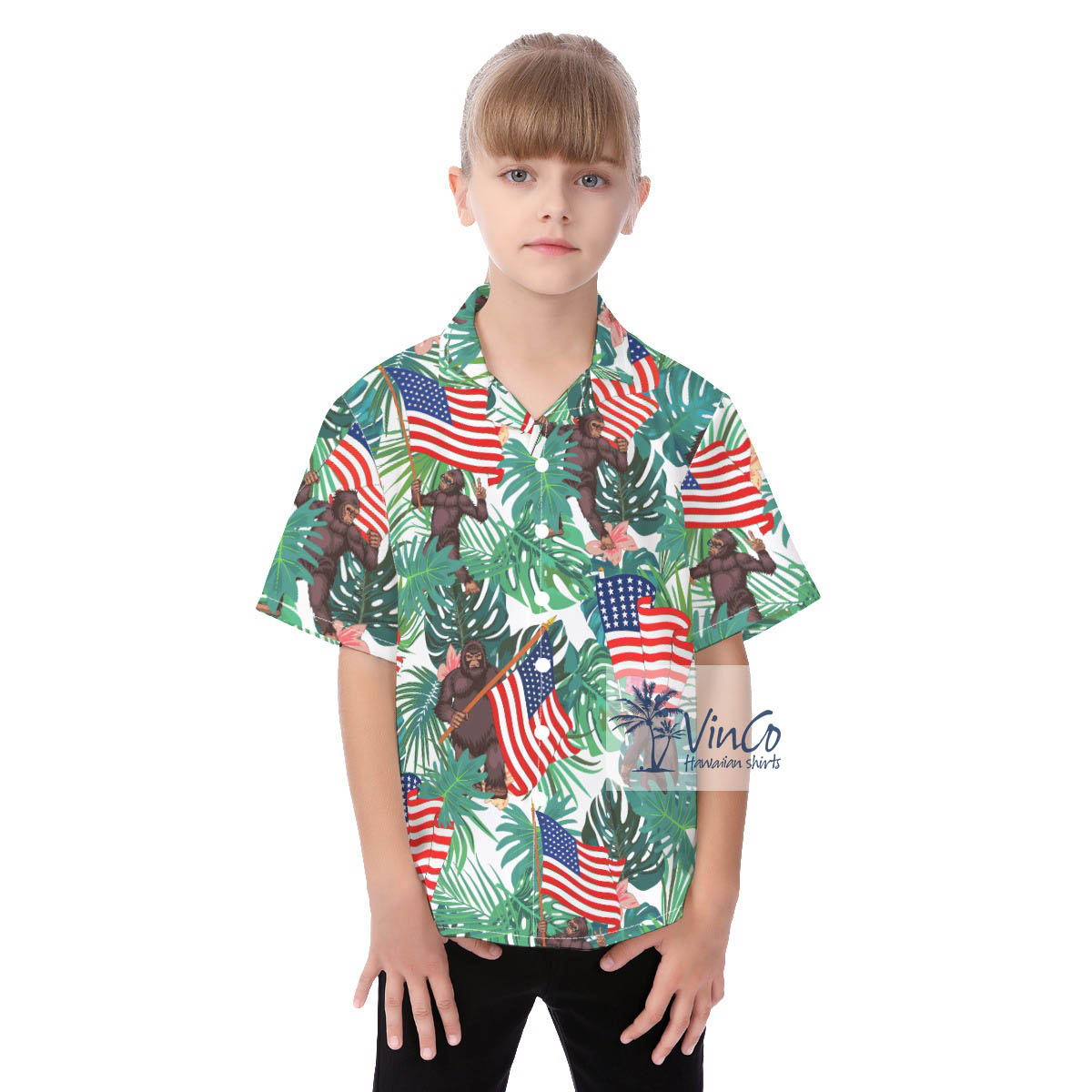 Unique Sasquatch American Flag Hawaiian Button Up Shirt For Kids - variant image 1