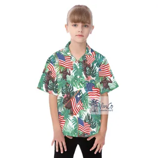 Unique Sasquatch American Flag Hawaiian Button Up Shirt For Kids