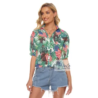Tropical Bigfoot Holding American Flag Hawaiian Cropped Shirt For Women