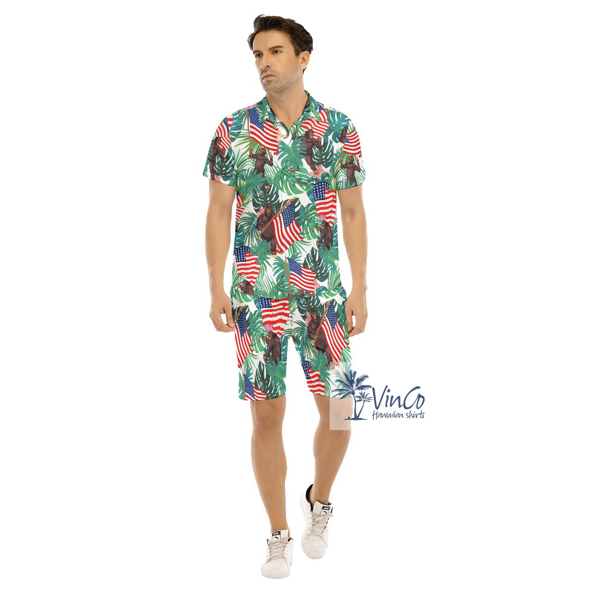 4th Of July Bigfoot Tropical All Over Print Hawaiian Shirt Set For Men - variant image 1