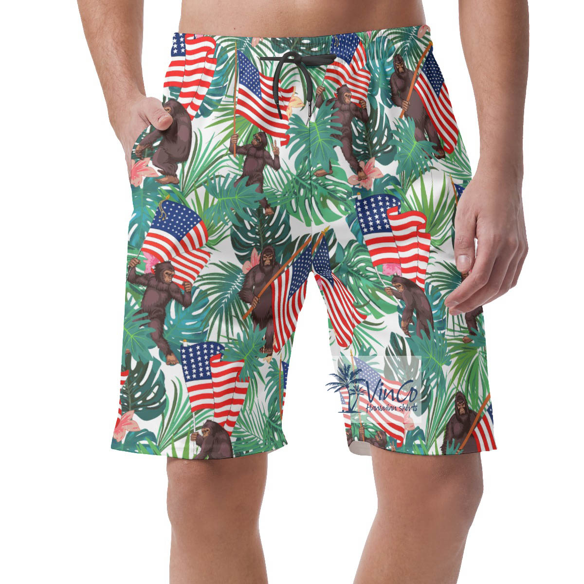 Funny Bigfoot American Flag Aloha Summer Shorts For Men - variant image 1