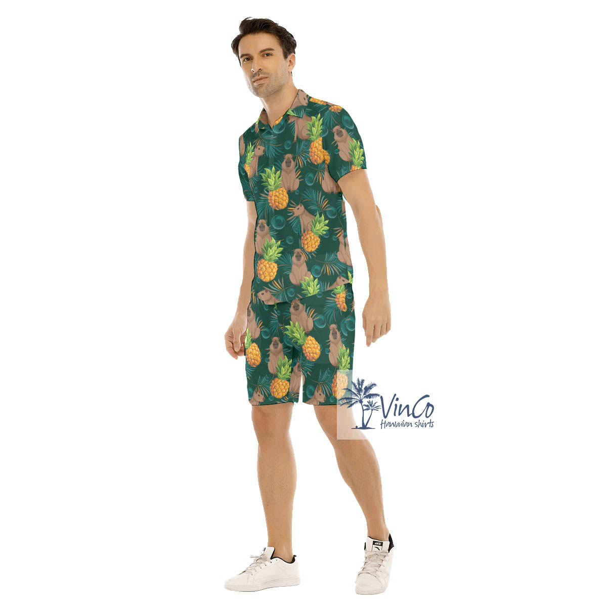 Funny Capybara Tropical Button Shirt Shorts For Men