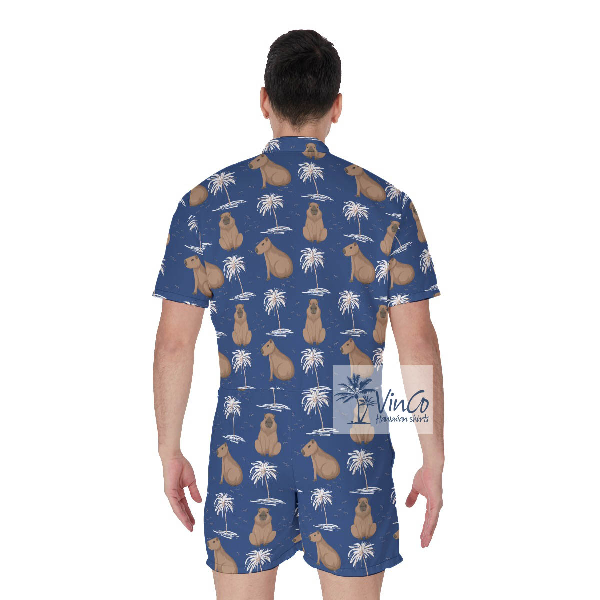 Men's Capybara Print Hawaiian Romper For Summer